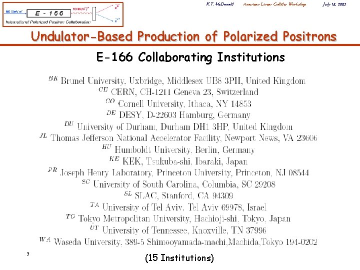 K. T. Mc. Donald American Linear Collider Workshop July 15, 2003 Undulator-Based Production of