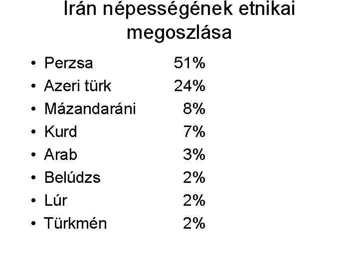 Irán népességének etnikai megoszlása • • Perzsa Azeri türk Mázandaráni Kurd Arab Belúdzs Lúr