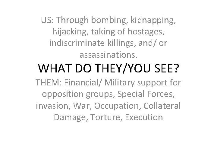 US: Through bombing, kidnapping, hijacking, taking of hostages, indiscriminate killings, and/ or assassinations. WHAT