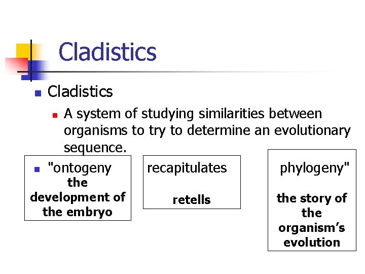 Cladistics n A system of studying similarities between organisms to try to determine an