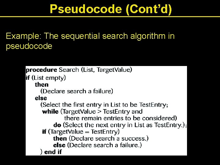Pseudocode (Cont’d) Example: The sequential search algorithm in pseudocode 