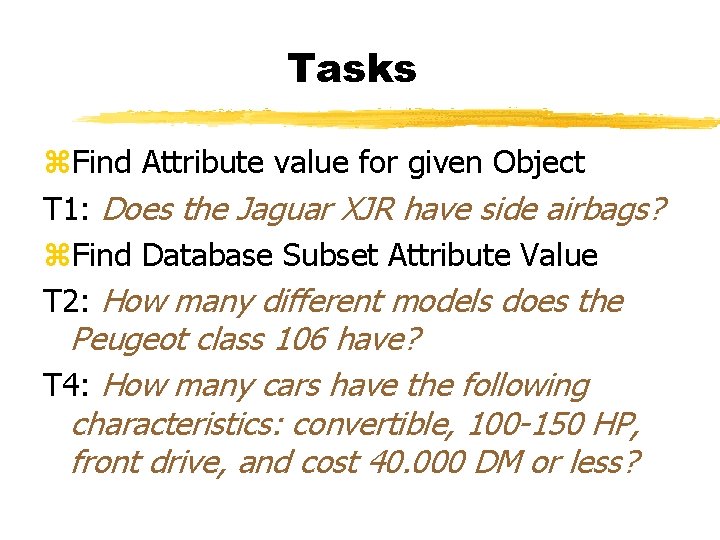 Tasks z. Find Attribute value for given Object T 1: Does the Jaguar XJR