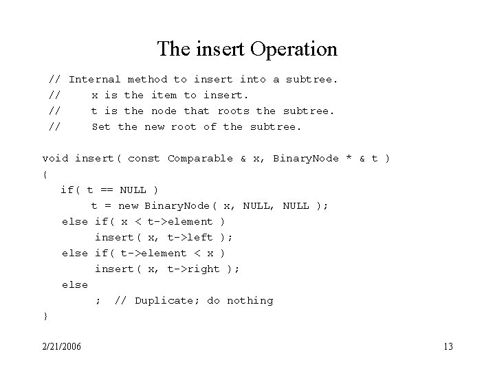 The insert Operation // Internal method to insert into a subtree. // x is