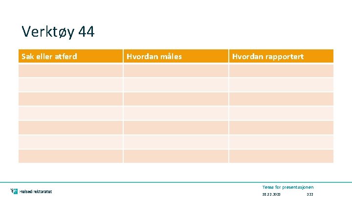 Verktøy 44 Sak eller atferd Hvordan måles Hvordan rapportert Tema for presentasjonen 18. 12.