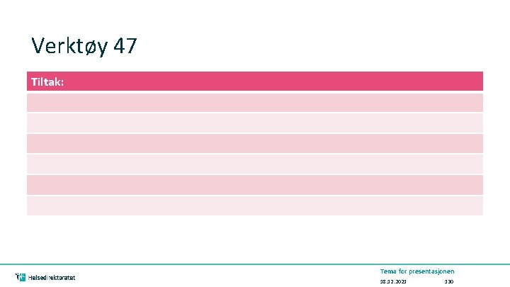 Verktøy 47 Tiltak: Tema for presentasjonen 18. 12. 2021 130 