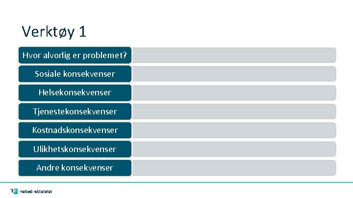 Verktøy 1 Hvor alvorlig er problemet? Sosiale konsekvenser Helsekonsekvenser Tjenestekonsekvenser Kostnadskonsekvenser Ulikhetskonsekvenser Andre konsekvenser