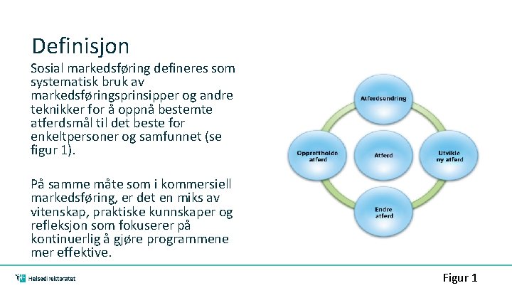 Definisjon Sosial markedsføring defineres som systematisk bruk av markedsføringsprinsipper og andre teknikker for å