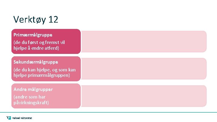 Verktøy 12 Primærmålgruppe (de du først og fremst vil hjelpe å endre atferd) Sekundærmålgruppe