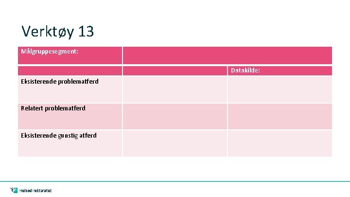 Verktøy 13 Målgruppesegment: Datakilde: Eksisterende problematferd Relatert problematferd Eksisterende gunstig atferd 