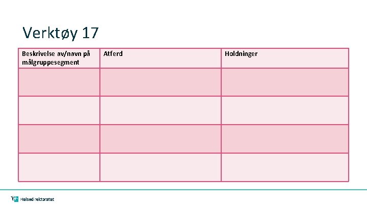 Verktøy 17 Beskrivelse av/navn på målgruppesegment Atferd Holdninger 