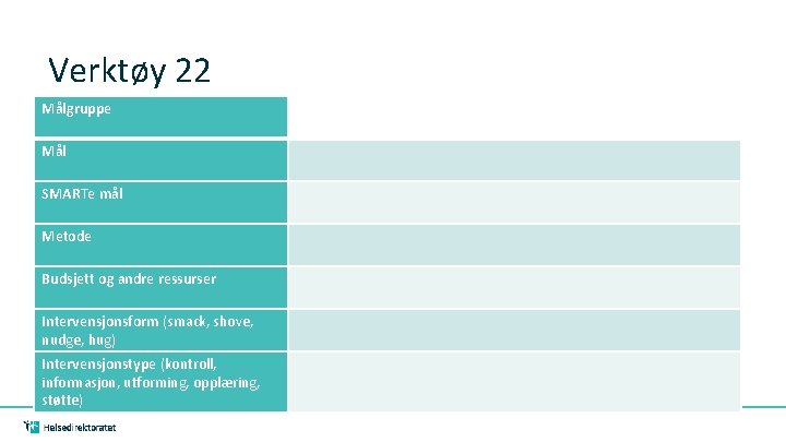 Verktøy 22 Målgruppe Mål SMARTe mål Metode Budsjett og andre ressurser Intervensjonsform (smack, shove,
