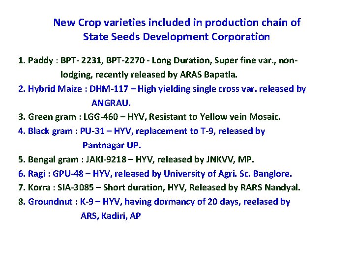 New Crop varieties included in production chain of State Seeds Development Corporation 1. Paddy