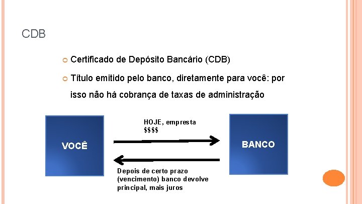 CDB Certificado de Depósito Bancário (CDB) Título emitido pelo banco, diretamente para você: por
