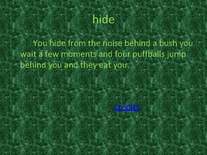 hide You hide from the noise behind a bush you wait a few moments