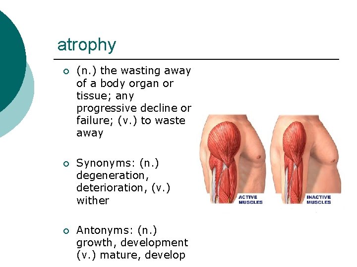 atrophy ¡ (n. ) the wasting away of a body organ or tissue; any