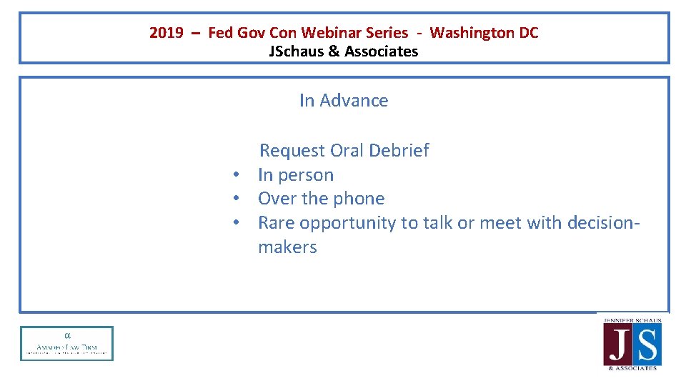 2019 – Fed Gov Con Webinar Series - Washington DC JSchaus & Associates In