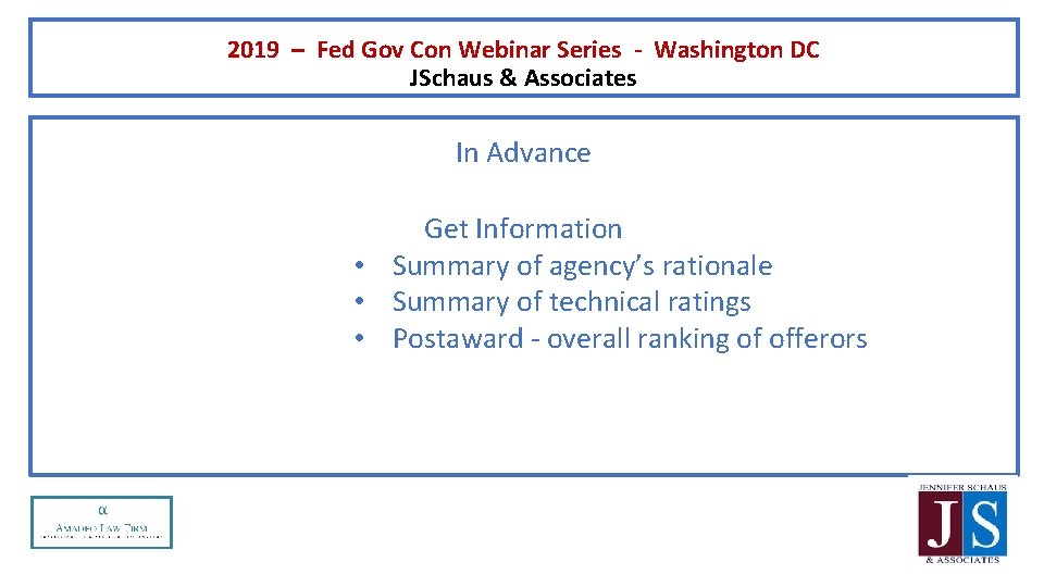 2019 – Fed Gov Con Webinar Series - Washington DC JSchaus & Associates In