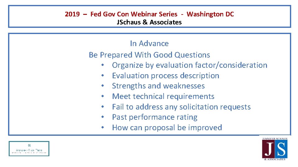 2019 – Fed Gov Con Webinar Series - Washington DC JSchaus & Associates In