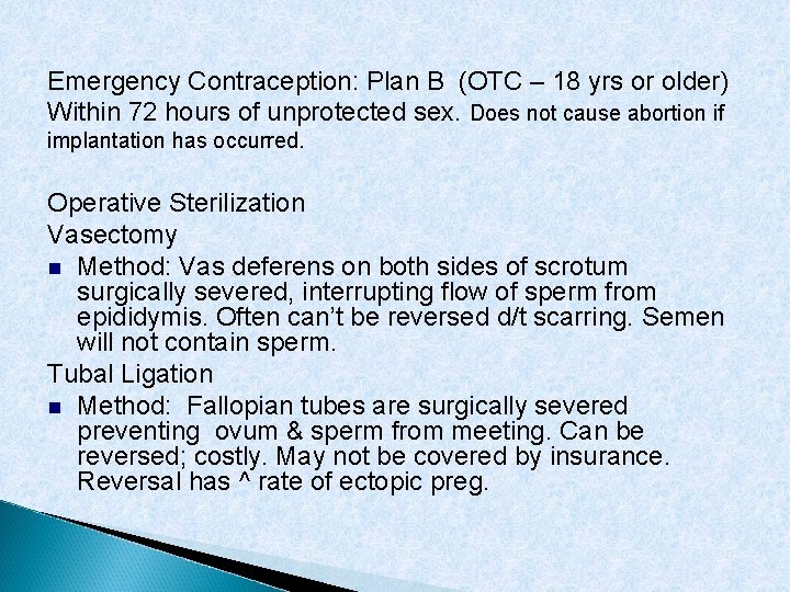 Emergency Contraception: Plan B (OTC – 18 yrs or older) Within 72 hours of