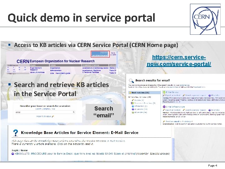 Quick demo in service portal § Access to KB articles via CERN Service Portal
