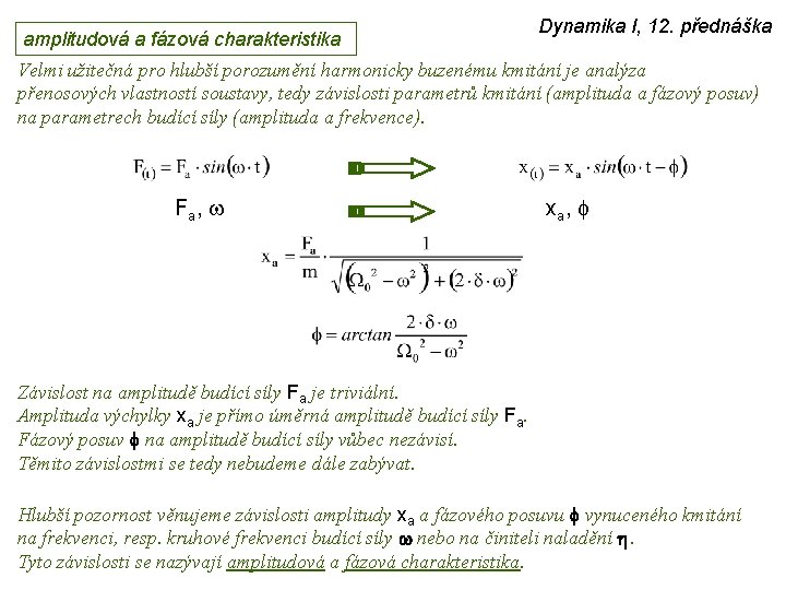 amplitudová a fázová charakteristika Dynamika I, 12. přednáška Velmi užitečná pro hlubší porozumění harmonicky