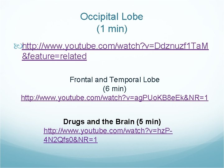 Occipital Lobe (1 min) http: //www. youtube. com/watch? v=Ddznuzf 1 Ta. M &feature=related Frontal