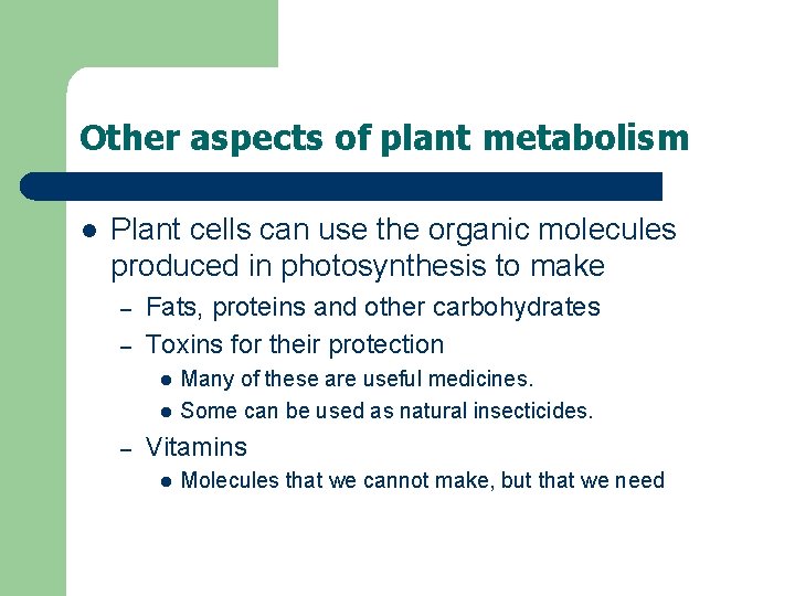 Other aspects of plant metabolism l Plant cells can use the organic molecules produced