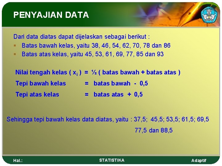 PENYAJIAN DATA Dari data diatas dapat dijelaskan sebagai berikut : § Batas bawah kelas,
