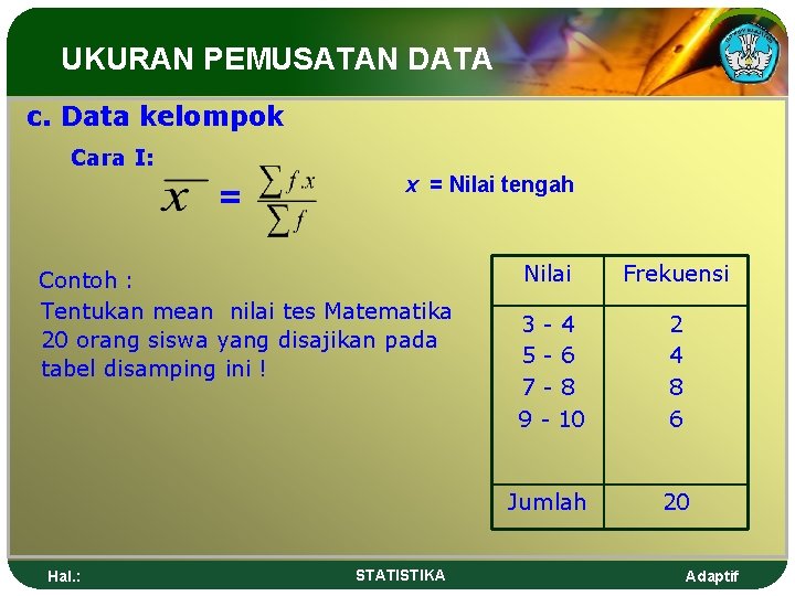 UKURAN PEMUSATAN DATA c. Data kelompok Cara I: = x = Nilai tengah Contoh