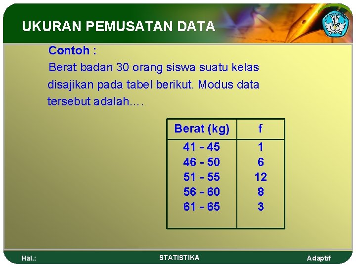 UKURAN PEMUSATAN DATA Contoh : Berat badan 30 orang siswa suatu kelas disajikan pada