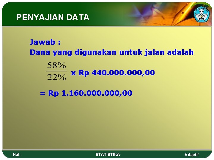 PENYAJIAN DATA Jawab : Dana yang digunakan untuk jalan adalah x Rp 440. 000,