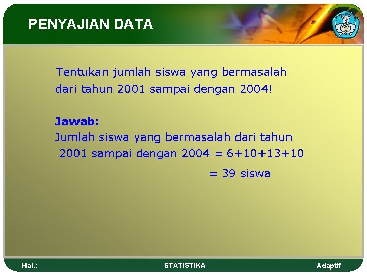 PENYAJIAN DATA Tentukan jumlah siswa yang bermasalah dari tahun 2001 sampai dengan 2004! Jawab: