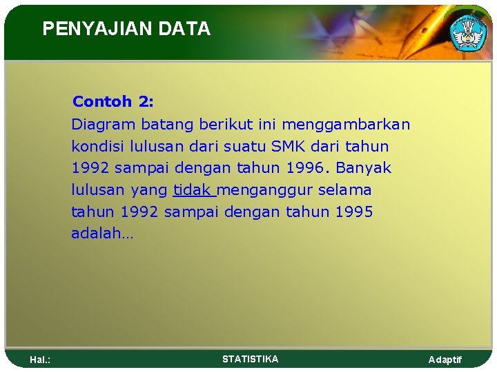 PENYAJIAN DATA Contoh 2: Diagram batang berikut ini menggambarkan kondisi lulusan dari suatu SMK