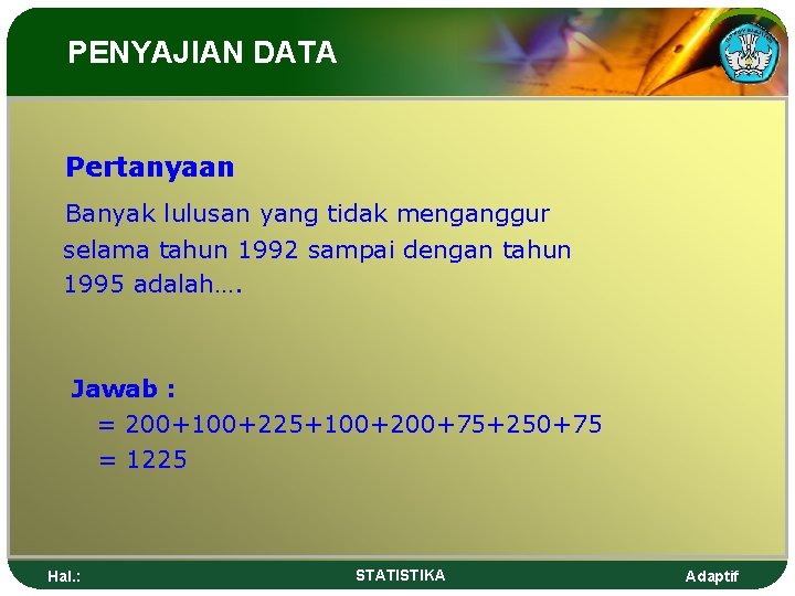 PENYAJIAN DATA Pertanyaan Banyak lulusan yang tidak menganggur selama tahun 1992 sampai dengan tahun