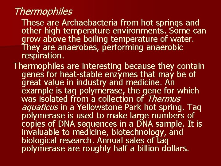 Thermophiles These are Archaebacteria from hot springs and other high temperature environments. Some can