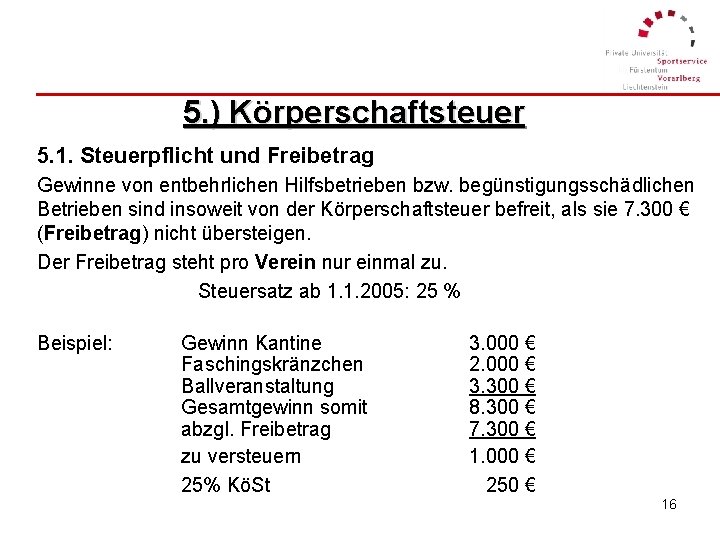 5. ) Körperschaftsteuer 5. 1. Steuerpflicht und Freibetrag Gewinne von entbehrlichen Hilfsbetrieben bzw. begünstigungsschädlichen