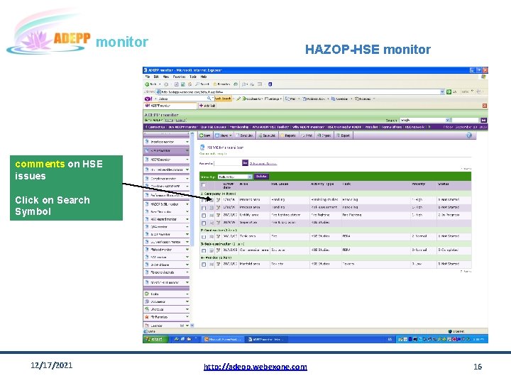 monitor HAZOP-HSE monitor comments on HSE issues Click on Search Symbol 12/17/2021 http: //adepp.