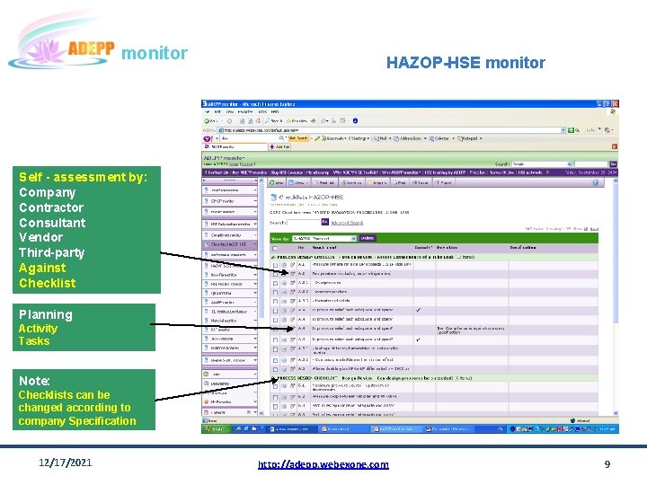 monitor HAZOP-HSE monitor Self - assessment by: Company Contractor Consultant Vendor Third-party Against Checklist