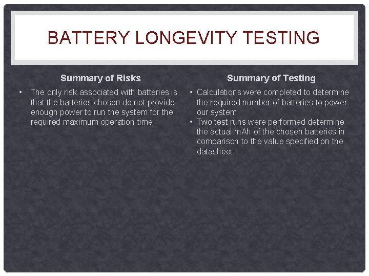 BATTERY LONGEVITY TESTING Summary of Risks • The only risk associated with batteries is BATTERY LONGEVITY TESTING Summary of Risks • The only risk associated with batteries is