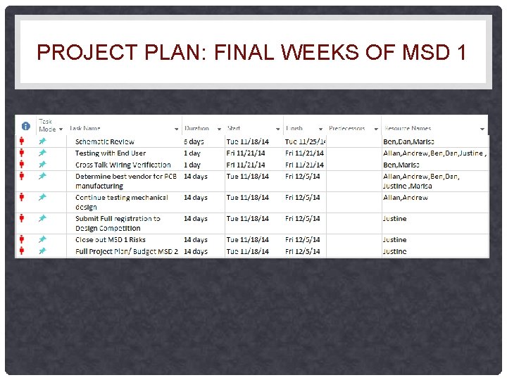 PROJECT PLAN: FINAL WEEKS OF MSD 1 PROJECT PLAN: FINAL WEEKS OF MSD 1