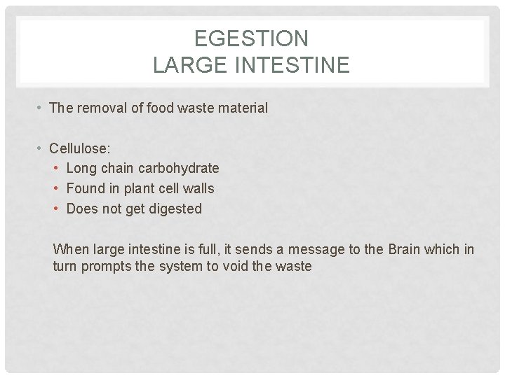 EGESTION LARGE INTESTINE • The removal of food waste material • Cellulose: • Long