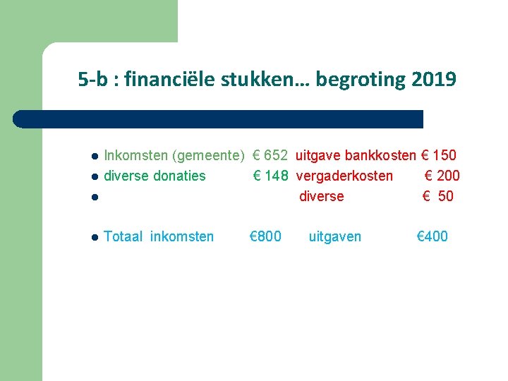 5 -b : financiële stukken… begroting 2019 l Inkomsten (gemeente) € 652 uitgave bankkosten
