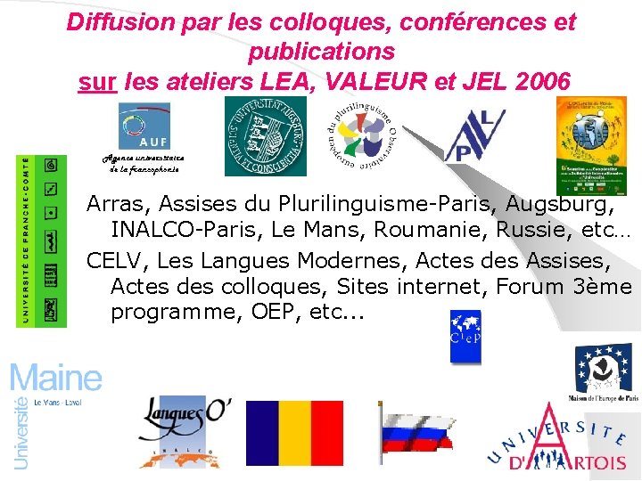 Diffusion par les colloques, conférences et publications sur les ateliers LEA, VALEUR et JEL
