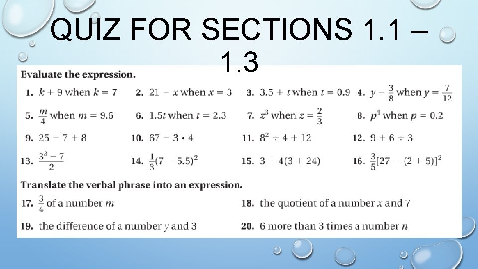 QUIZ FOR SECTIONS 1. 1 – 1. 3 