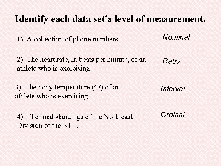 Identify each data set’s level of measurement. 1) A collection of phone numbers Nominal