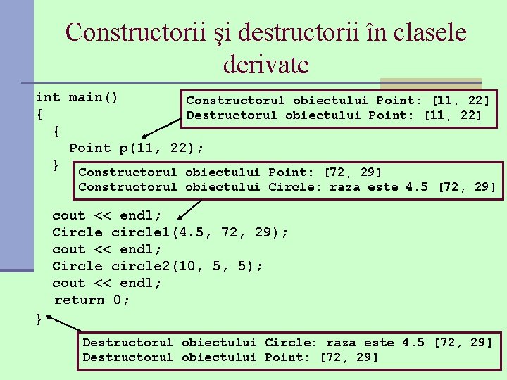 Constructorii şi destructorii în clasele derivate int main() Constructorul obiectului Point: [11, 22] {