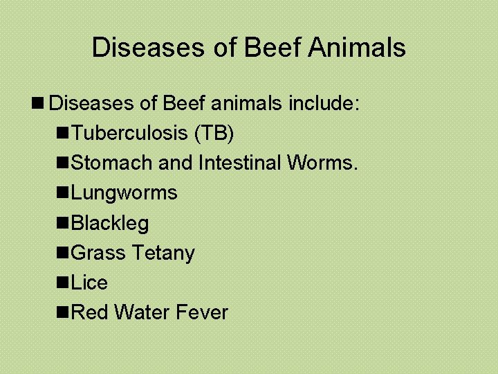 Diseases of Beef Animals n Diseases of Beef animals include: n. Tuberculosis (TB) n.