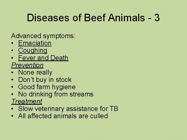 Diseases of Beef Animals - 3 Advanced symptoms: • Emaciation • Coughing • Fever