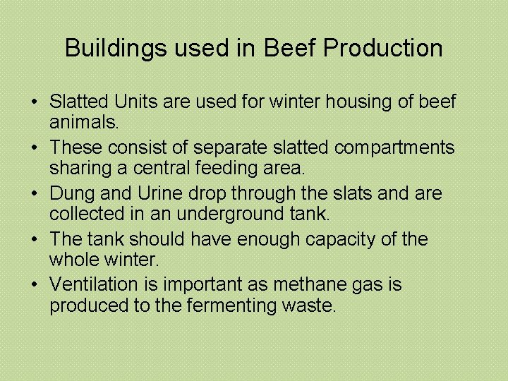 Buildings used in Beef Production • Slatted Units are used for winter housing of