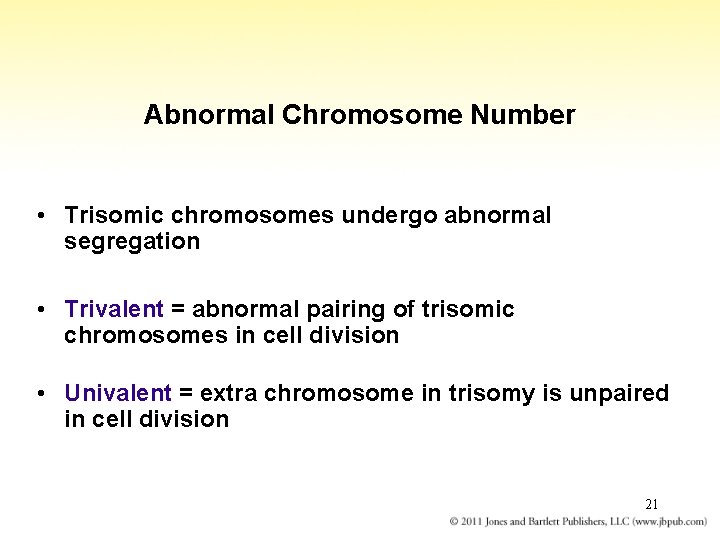 Abnormal Chromosome Number • Trisomic chromosomes undergo abnormal segregation • Trivalent = abnormal pairing
